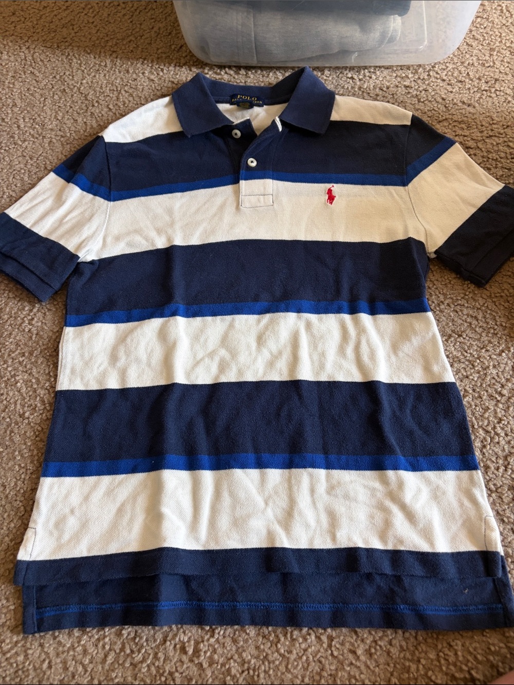 B73 Youth Md (10-12) Polo by Ralph Lauren Navy, White & Royal Blue Striped Polo
